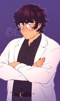 Art of a man with light skin, short brown hair, brown eyes, stubble, large gold glasses, dark button up and slacks, and white lab coat. His arms are crossed and he looks frustrated.