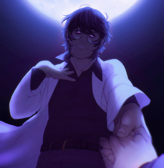 Art of a man under the moon. He's light skinned with short messy dark hair, eye bags, & stubble. His eyes glow bright blue with red pupils, and his grin is creepily relaxed. He's backlit by the moon as he reaches out for someone's hand.