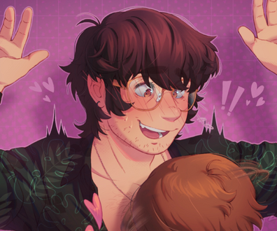 Art of a man with short, messy dark hair, light brown eyes, light skin, and scruff on his chin. He's wearing large gold glasses and dark green button up. He looks flustered as the artist rubs their face in his chest.