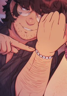Art of a man with short brown hair, brown eyes, stubble, wearing large gold glasses and purple patterned button up. He's pointing at a friendship bracelet on his wrist that reads "quenis".