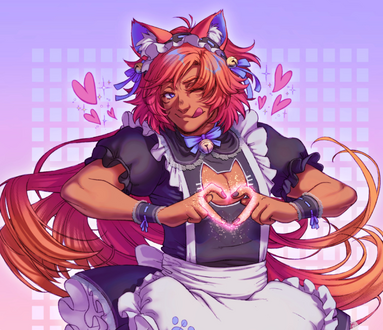 A character with medium skin, long red hair, and bright blue eyes. They're wearing cat ears, a black maid dress with cat chest window, white apron, and blue ribbons with yellow bells. They're winking with their tongue out. Their hands make a heart shape.