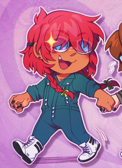 Chibi of a person with medium skin, long braided red hair, a blue jumpsuit, blue goggles, and white boots. They're smiling widely, a fang showing, and a mischievous sparkle near their eye.