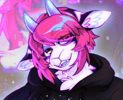 Art of the artist's fursona, a goat with neon magenta hair, dark purple and white fur with electric blue and lavender accents, and blue horns. Their goat pupil eyes are hazel, and they're wearing a black hoodie. They're smiling mischievously.